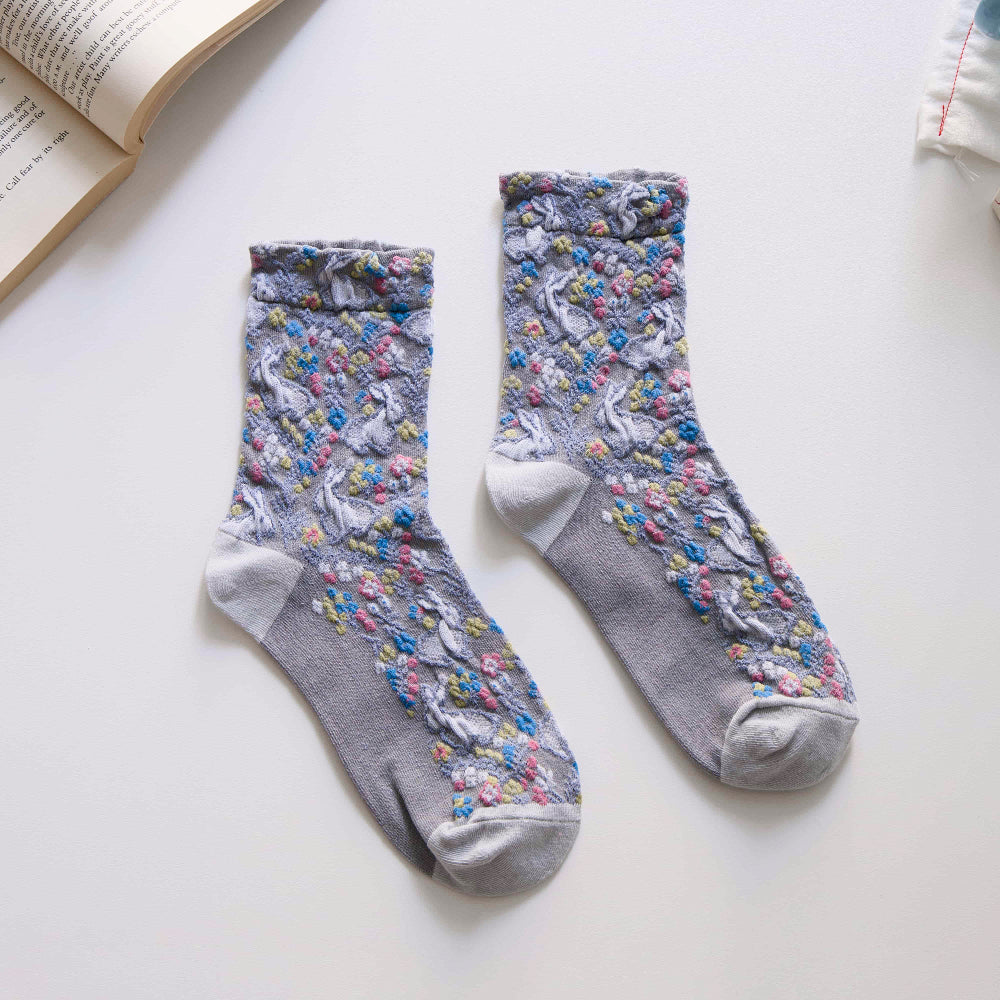 2-Pack Women’s Retro Cotton Crew Socks – Floral Rabbit Easter Style