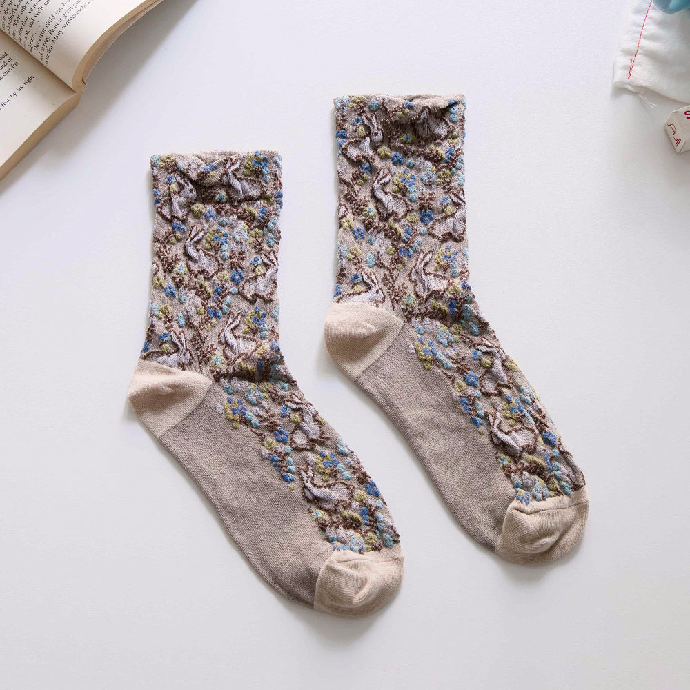 2-Pack Women’s Retro Cotton Crew Socks – Floral Rabbit Easter Style