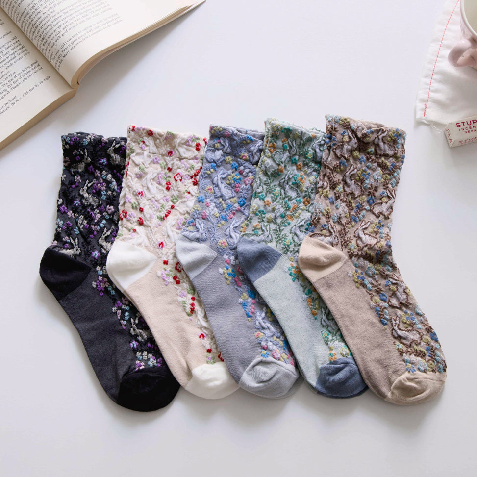 2-Pack Women’s Retro Cotton Crew Socks – Floral Rabbit Easter Style