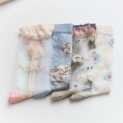 2-Pack Floral Sheer Socks for Women – Breathable Crew Style