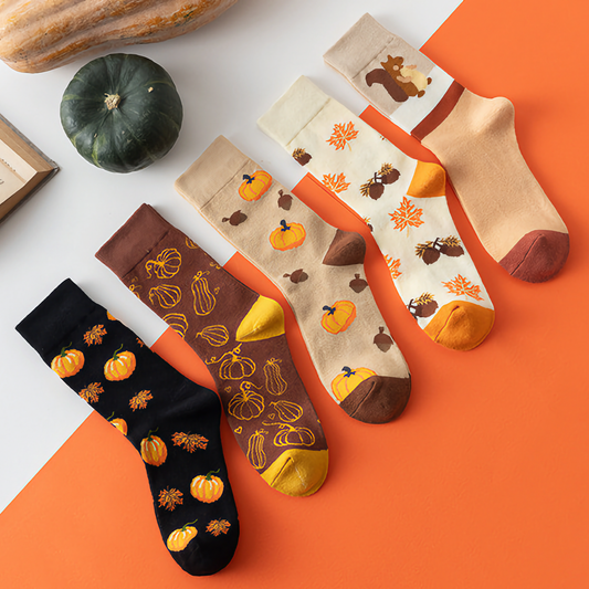 2-Pack Unisex Halloween Cotton Crew Socks - Pumpkin & Squirrel Design