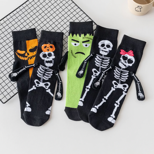 2-Pack Unisex Halloween Skeleton & Pumpkin Cotton Crew Socks - Fun & Creative