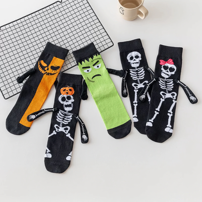2-Pack Unisex Halloween Skeleton & Pumpkin Cotton Crew Socks - Fun & Creative