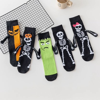 2-Pack Unisex Halloween Skeleton & Pumpkin Cotton Crew Socks - Fun & Creative