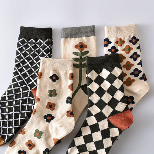 5-Pack Women’s Cotton Crew Socks – Retro Floral Pattern