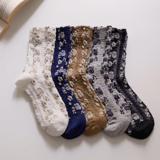 2-Pack Women’s Vintage Floral Cotton Crew Socks – Textured Knit
