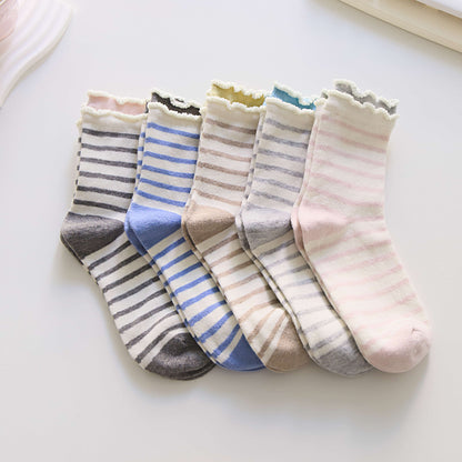 2-Pack Women’s Cotton Blend Striped Crew Socks – Ruffle Trim