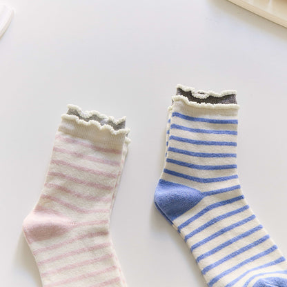 2-Pack Women’s Cotton Blend Striped Crew Socks – Ruffle Trim