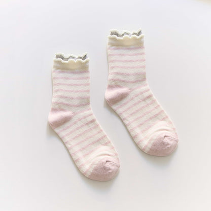 2-Pack Women’s Cotton Blend Striped Crew Socks – Ruffle Trim