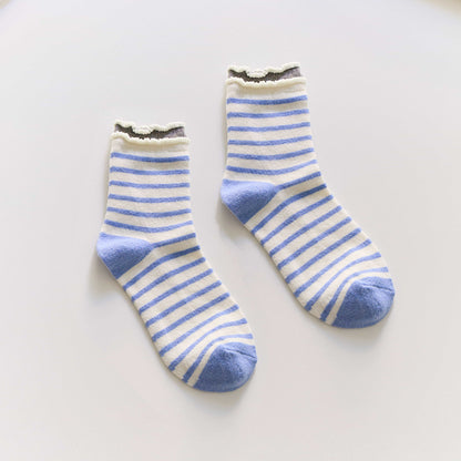 2-Pack Women’s Cotton Blend Striped Crew Socks – Ruffle Trim