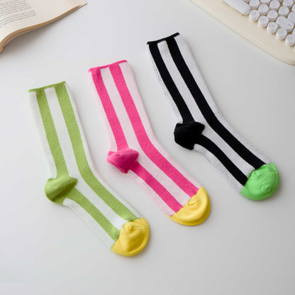 2-Pack Women’s Cotton Striped Crew Socks – Contrast Toe