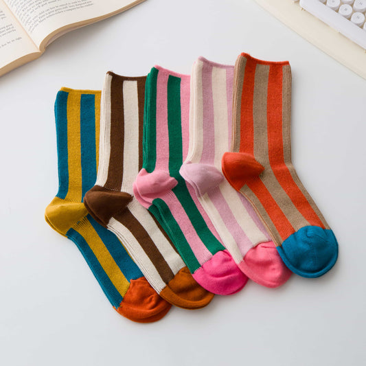 2-Pack Women’s Cotton Striped Crew Socks – Contrast Toe