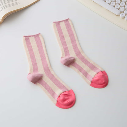 2-Pack Women’s Cotton Striped Crew Socks – Contrast Toe