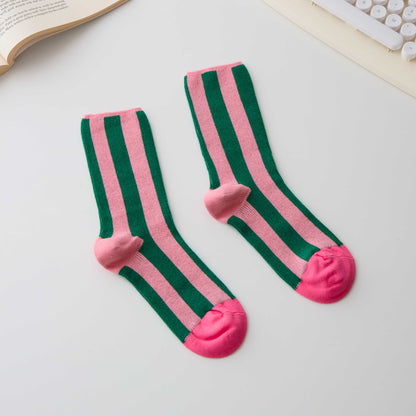 2-Pack Women’s Cotton Striped Crew Socks – Contrast Toe