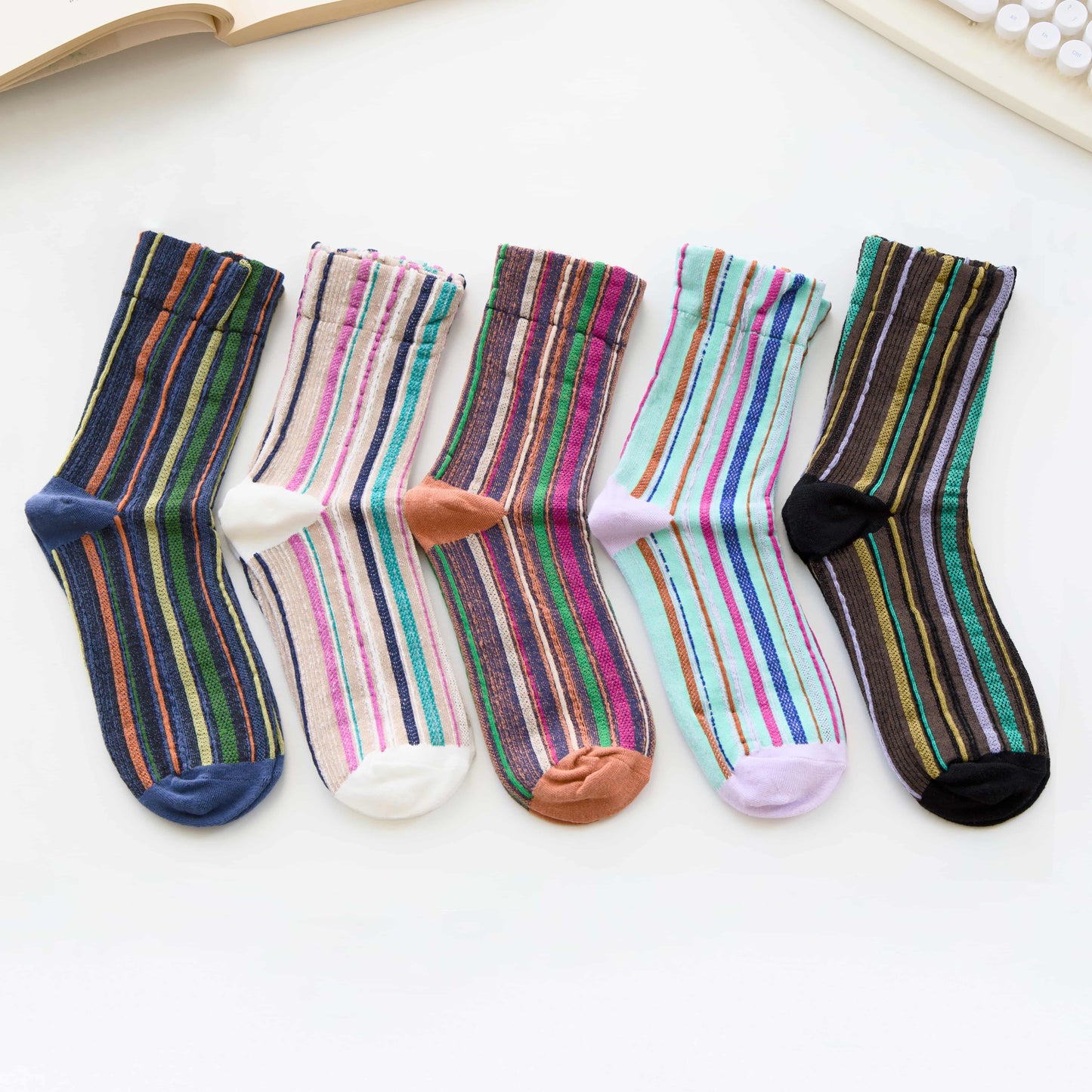 2-Pack Women’s Cotton Striped Crew Socks – Soft Textured Knit