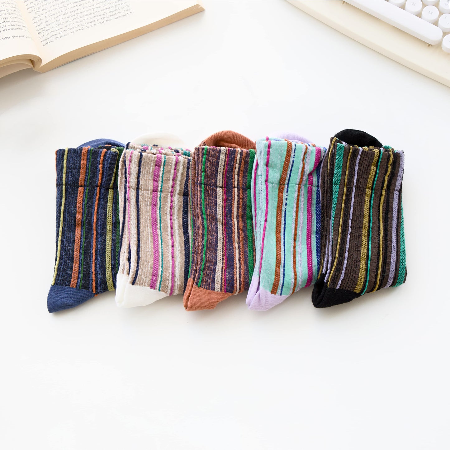 2-Pack Women’s Cotton Striped Crew Socks – Soft Textured Knit