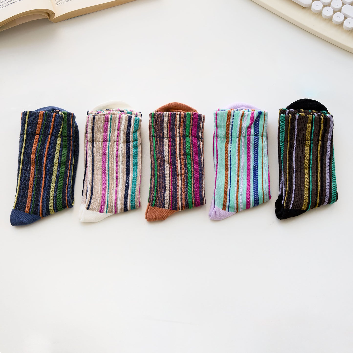 2-Pack Women’s Cotton Striped Crew Socks – Soft Textured Knit