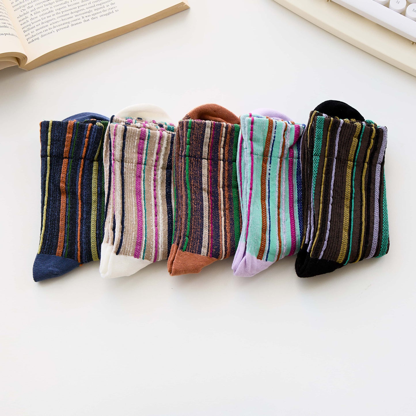 2-Pack Women’s Cotton Striped Crew Socks – Soft Textured Knit