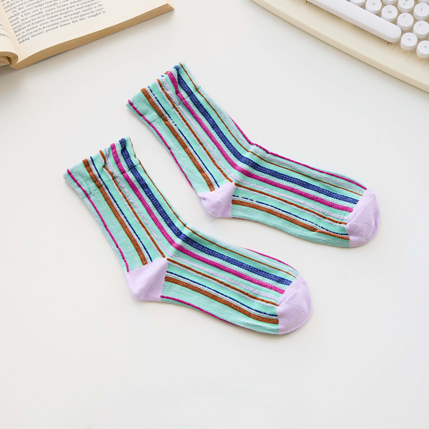 2-Pack Women’s Cotton Striped Crew Socks – Soft Textured Knit