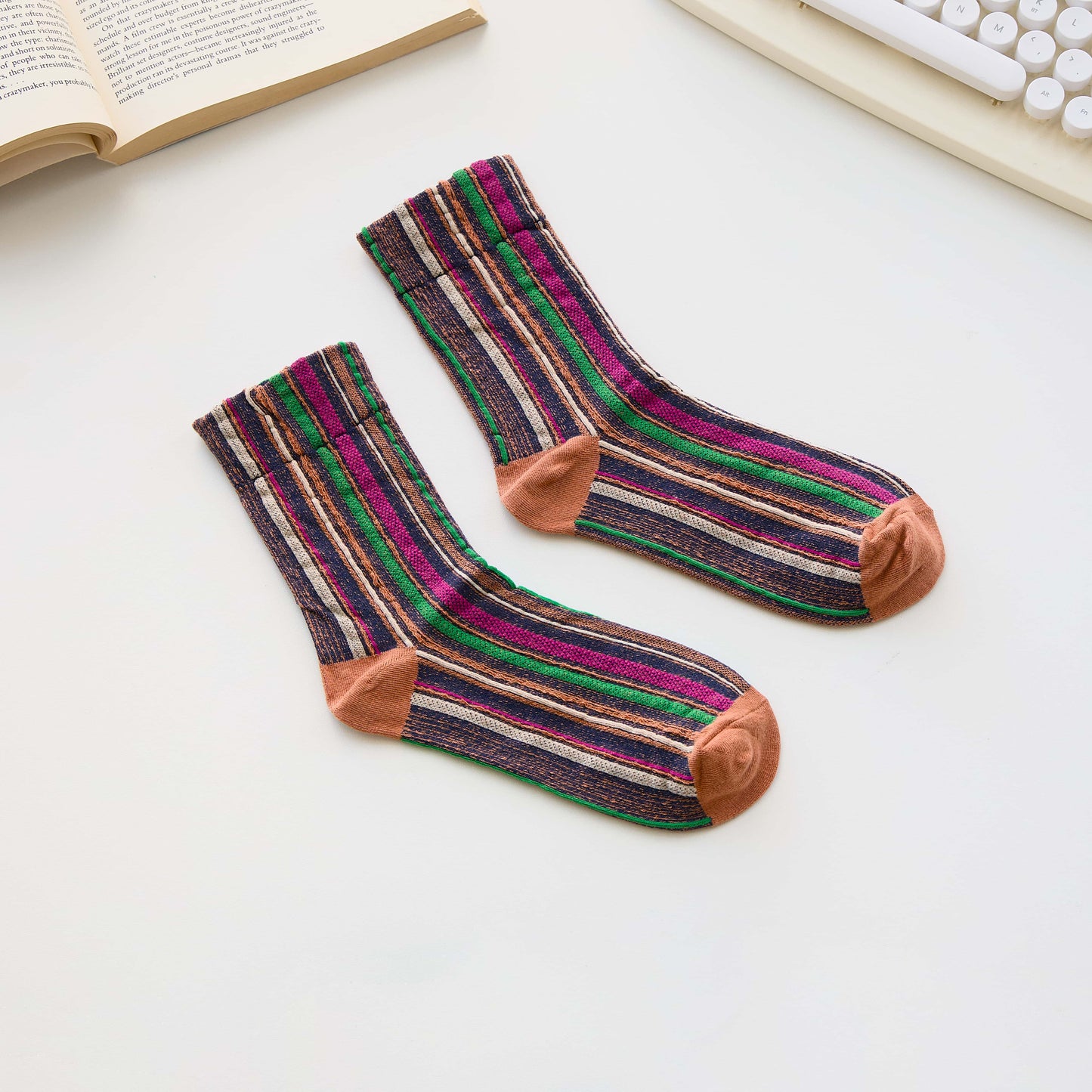 2-Pack Women’s Cotton Striped Crew Socks – Soft Textured Knit