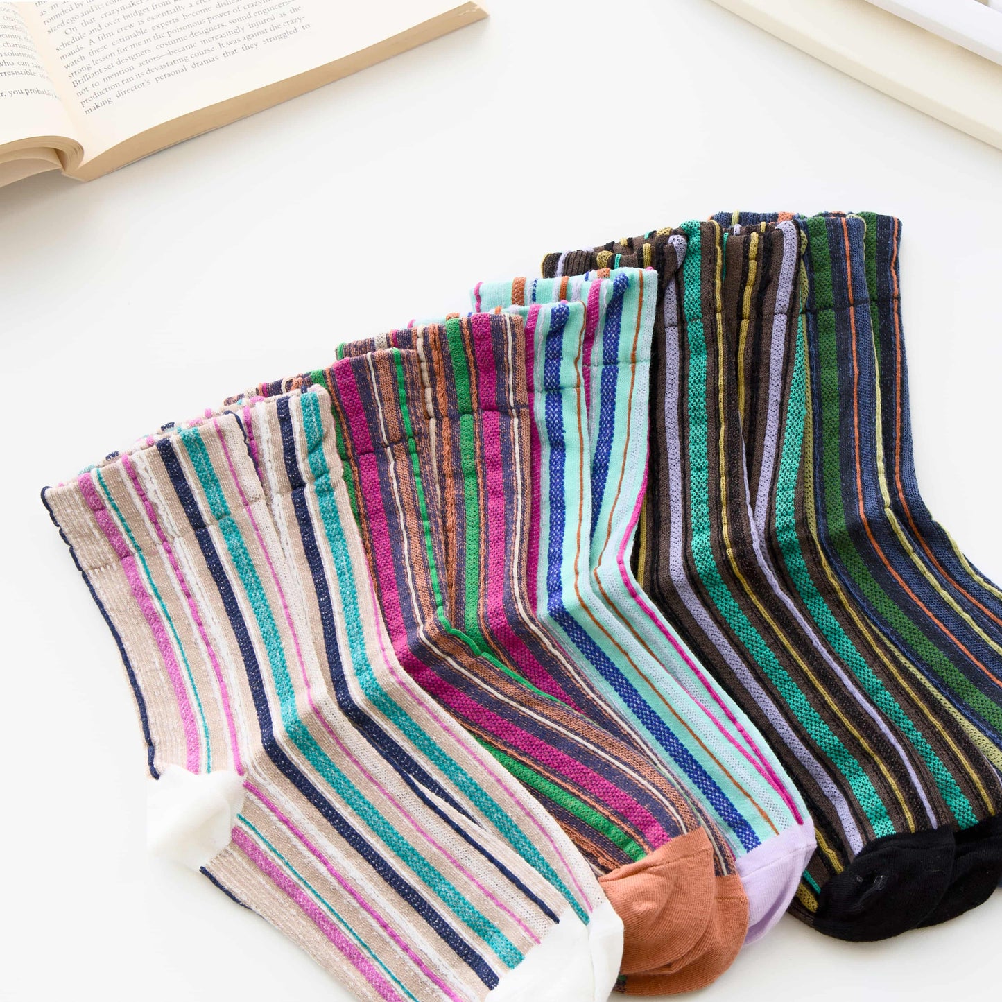 2-Pack Women’s Cotton Striped Crew Socks – Soft Textured Knit