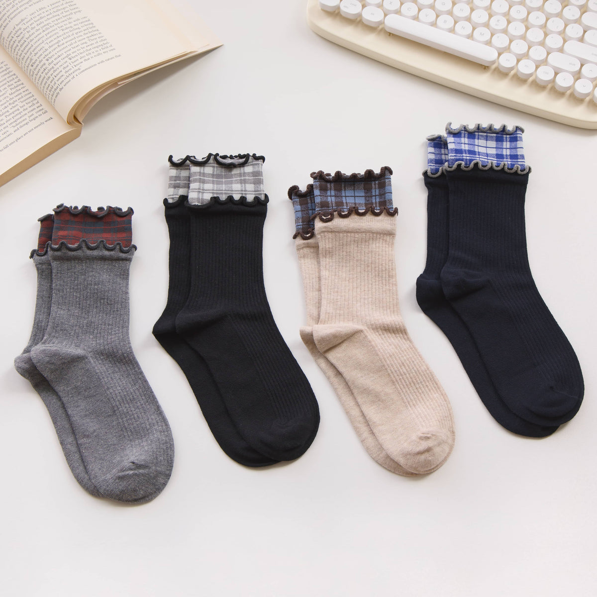 2-Pack Women’s Plaid Ruffle Cotton Crew Socks – Soft Ribbed Knit