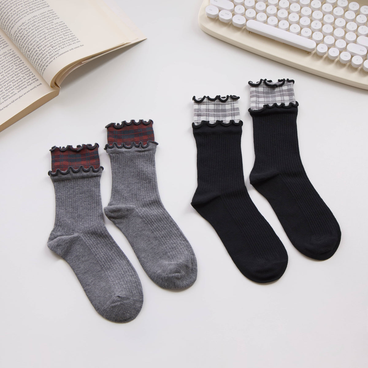 2-Pack Women’s Plaid Ruffle Cotton Crew Socks – Soft Ribbed Knit