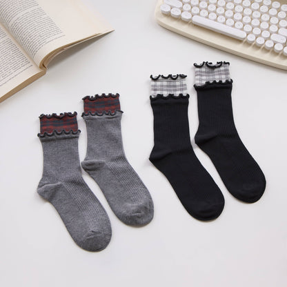 2-Pack Women’s Plaid Ruffle Cotton Crew Socks – Soft Ribbed Knit