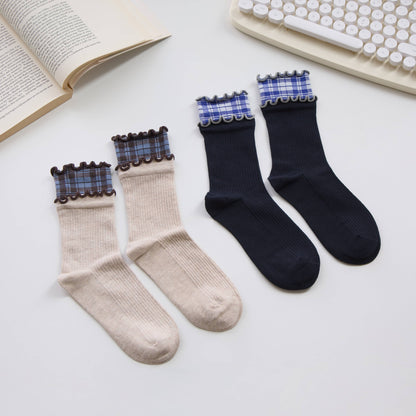2-Pack Women’s Plaid Ruffle Cotton Crew Socks – Soft Ribbed Knit