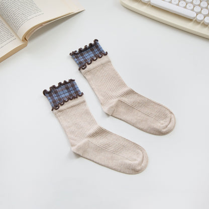 2-Pack Women’s Plaid Ruffle Cotton Crew Socks – Soft Ribbed Knit