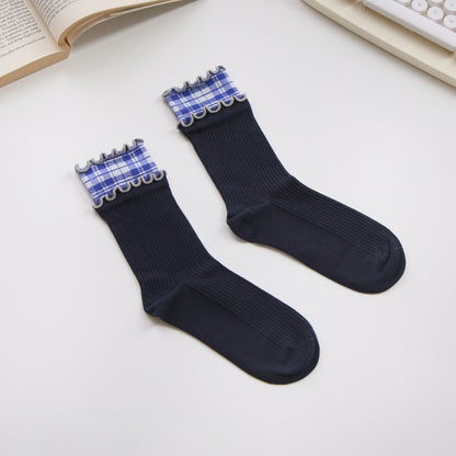 2-Pack Women’s Plaid Ruffle Cotton Crew Socks – Soft Ribbed Knit