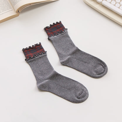 2-Pack Women’s Plaid Ruffle Cotton Crew Socks – Soft Ribbed Knit