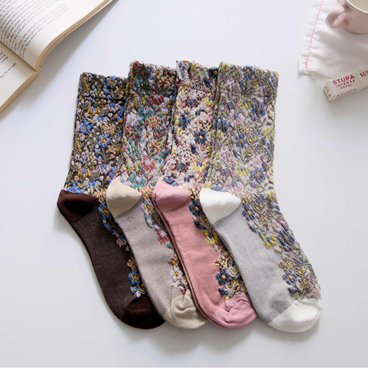 2-Pack Women’s Retro Floral Cotton Crew Socks – Soft Vintage Style