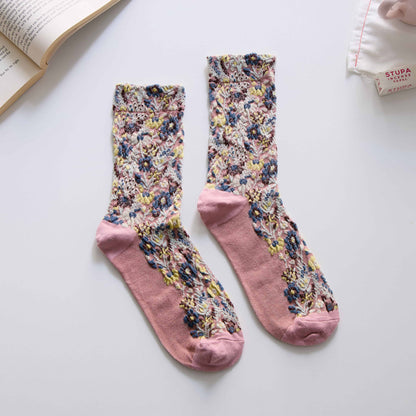 2-Pack Women’s Retro Floral Cotton Crew Socks – Soft Vintage Style