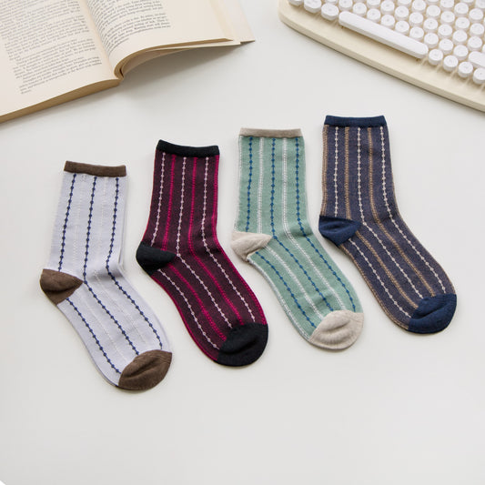 2-Pack Women’s Retro Striped Cotton Crew Socks – Textured Knit