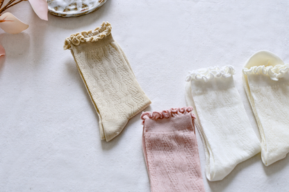 2-Pack Women's Ruffle Trim Mesh Socks - Retro Breathable Cotton Style