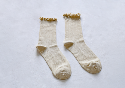 2-Pack Women's Ruffle Trim Mesh Socks - Retro Breathable Cotton Style