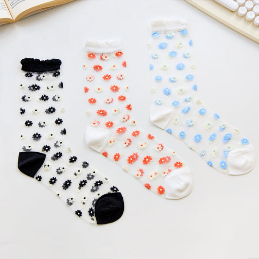 2-Pack Women's Sheer Floral Crew Socks – Lightweight Mesh