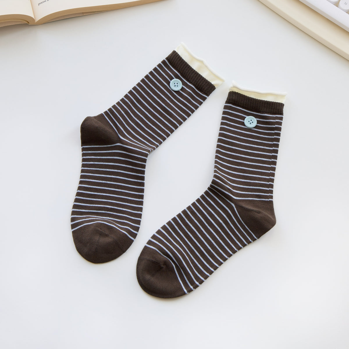2-Pack Women’s Striped Cotton Crew Socks – Velvet Button Detail