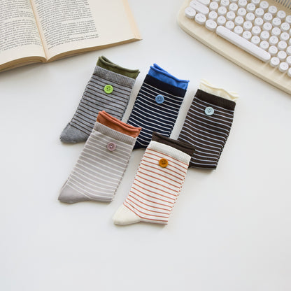 2-Pack Women’s Striped Cotton Crew Socks – Velvet Button Detail