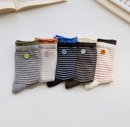 2-Pack Women’s Striped Cotton Crew Socks – Velvet Button Detail