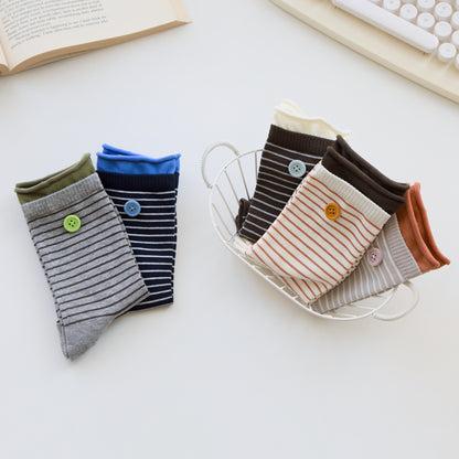 2-Pack Women’s Striped Cotton Crew Socks – Velvet Button Detail