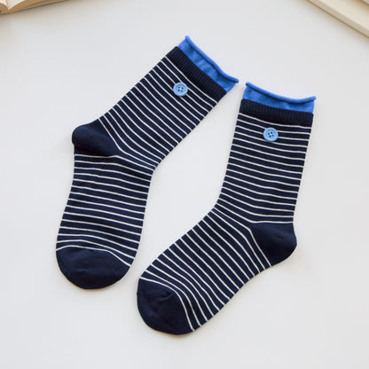 2-Pack Women’s Striped Cotton Crew Socks – Velvet Button Detail