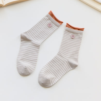 2-Pack Women’s Striped Cotton Crew Socks – Velvet Button Detail