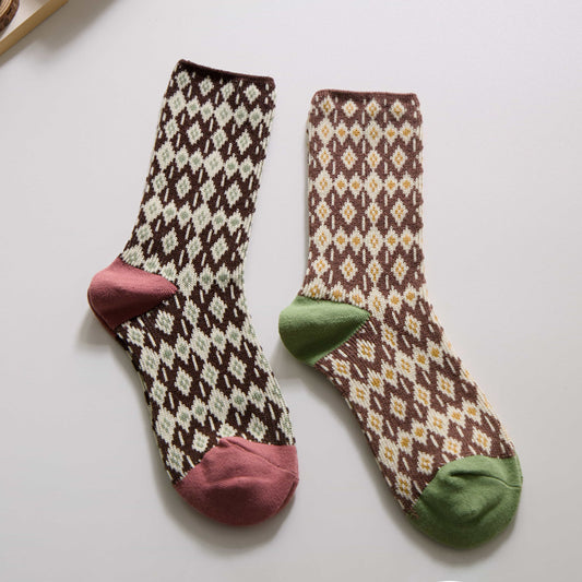 2-Pack Women’s Vintage Floral Diamond Cotton Crew Socks