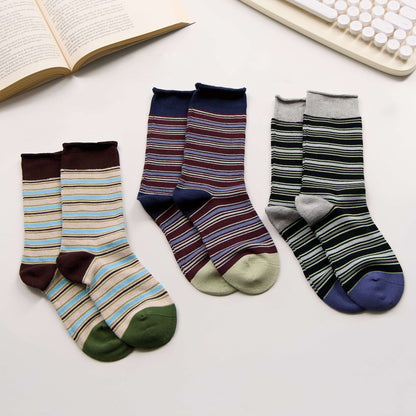 2-Pack Women’s Vintage Striped Cotton Crew Socks – Autumn Style