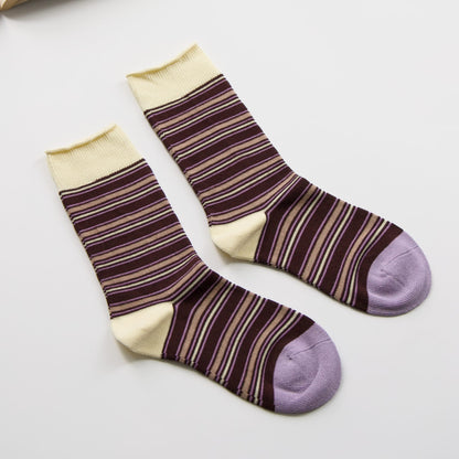 2-Pack Women’s Vintage Striped Cotton Crew Socks – Autumn Style