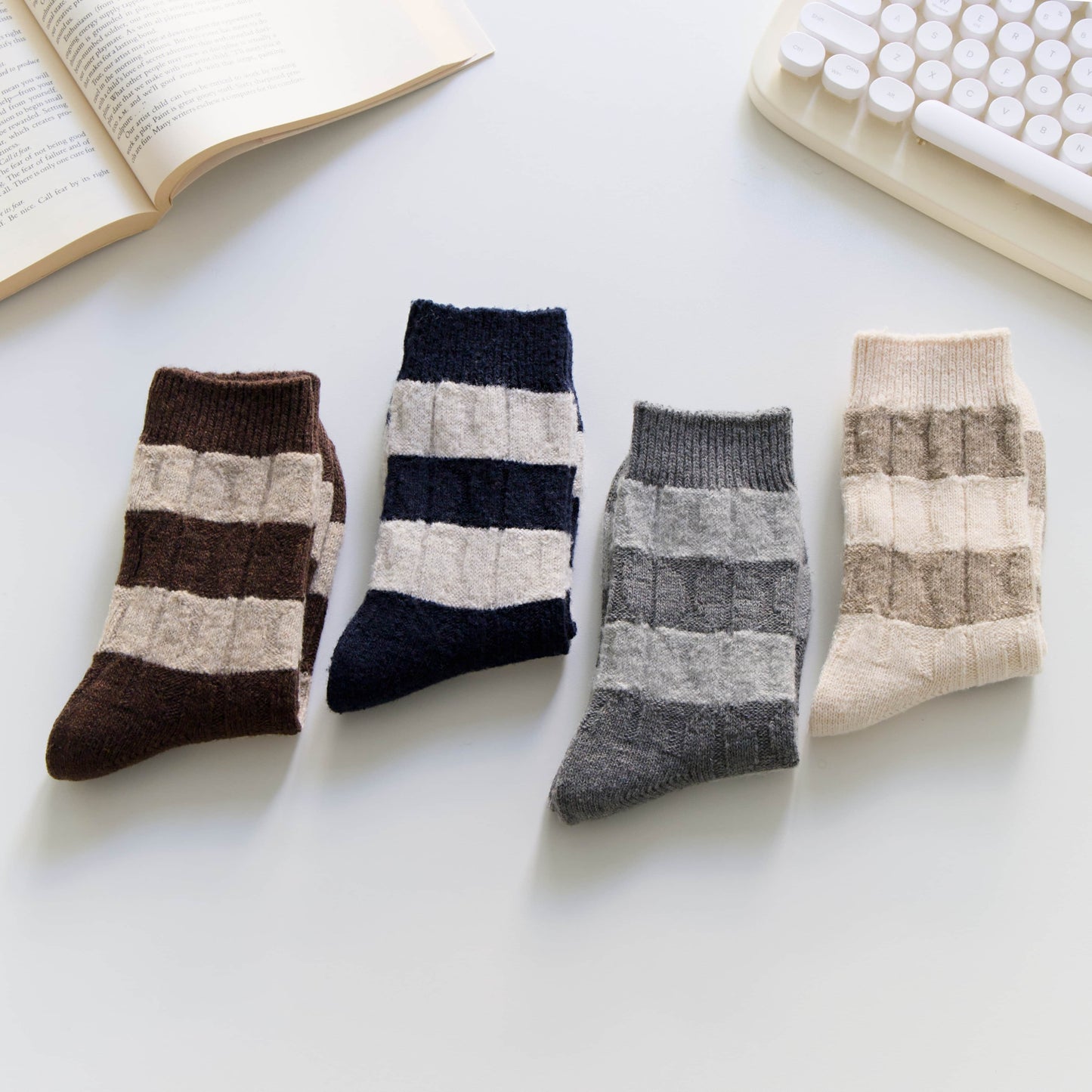 2-Pack Women’s Wool Blend Striped Crew Socks – Soft & Warm Knit