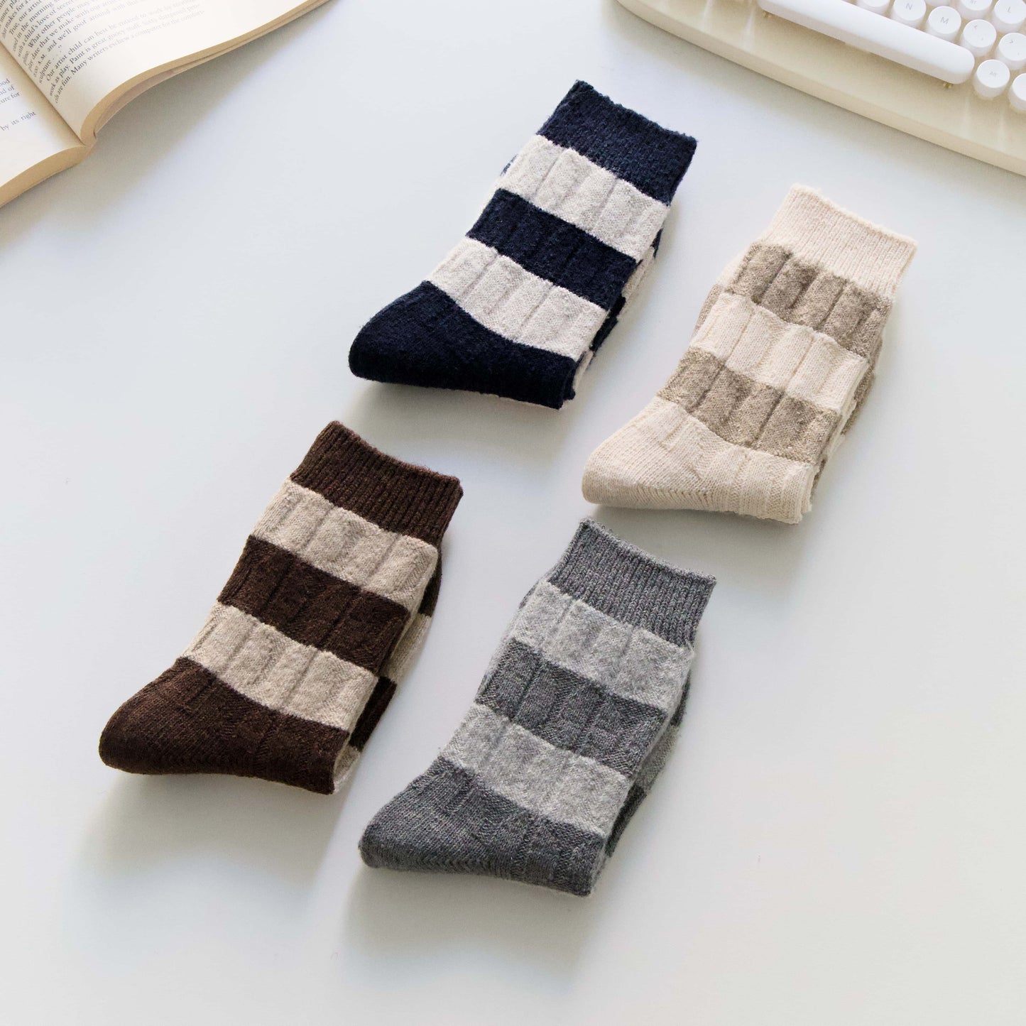 2-Pack Women’s Wool Blend Striped Crew Socks – Soft & Warm Knit