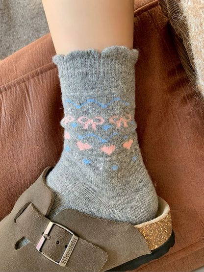 2-Pack Women's Wool Socks - Warm Bow & Heart Design for Valentine’s
